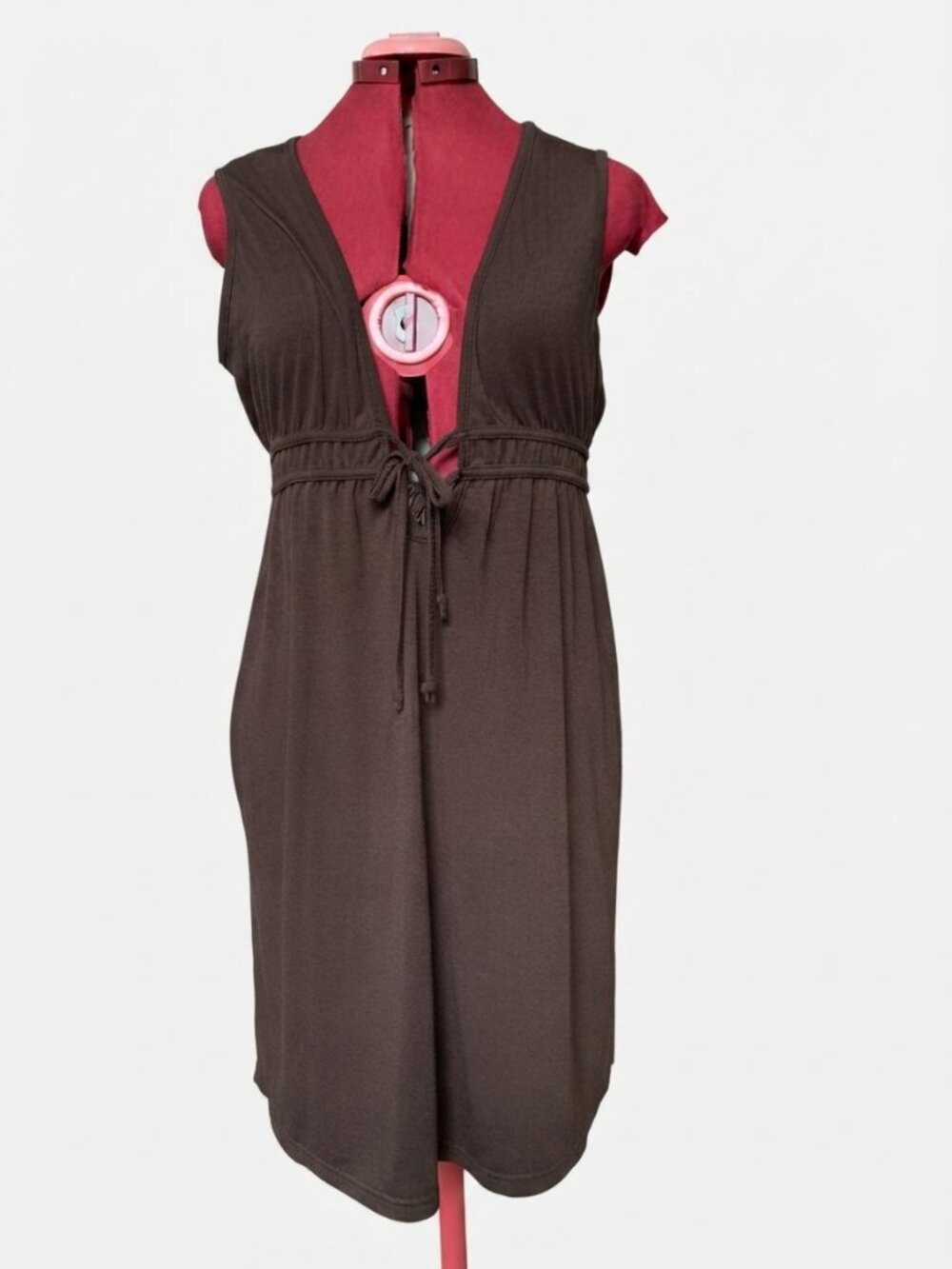 KRISTA -  Sexy Chocolate Brown Plunge Tie-Front Empire Waist Dress – Size Large